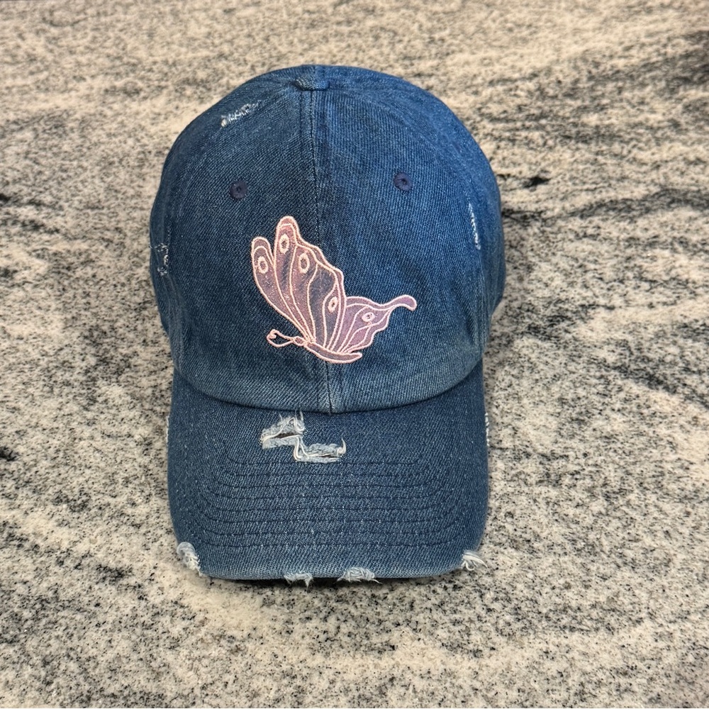 New Custom Designed Blue Distressed Baseball Cap w Pink Embroidered Butterfly